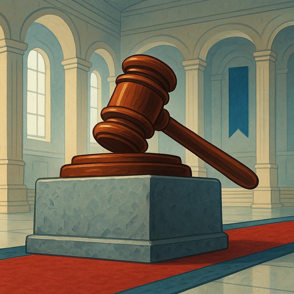 A massive, authoritative wooden judge's gavel resting on a grand, elevated stone pedestal inside a large, imposing hall, symbolizing the highest judicial body.