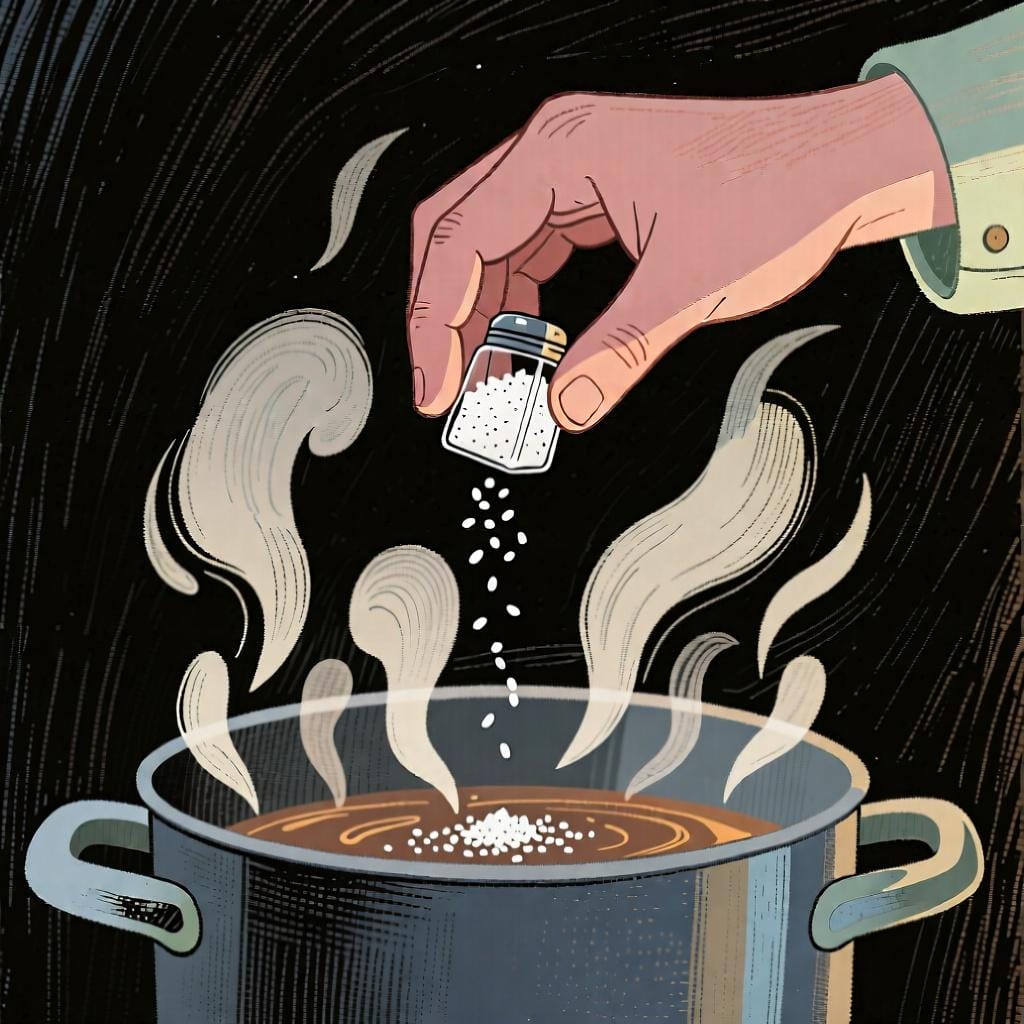 A hand adding a small pinch of salt into a cooking pot, illustrating 'a little bit of'.
