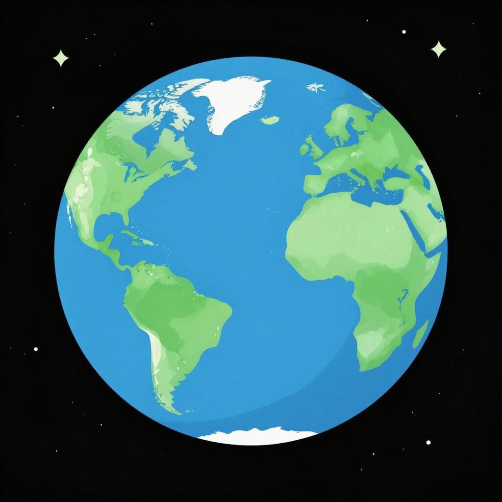 A view of the planet Earth from space showing blue oceans and green continents.