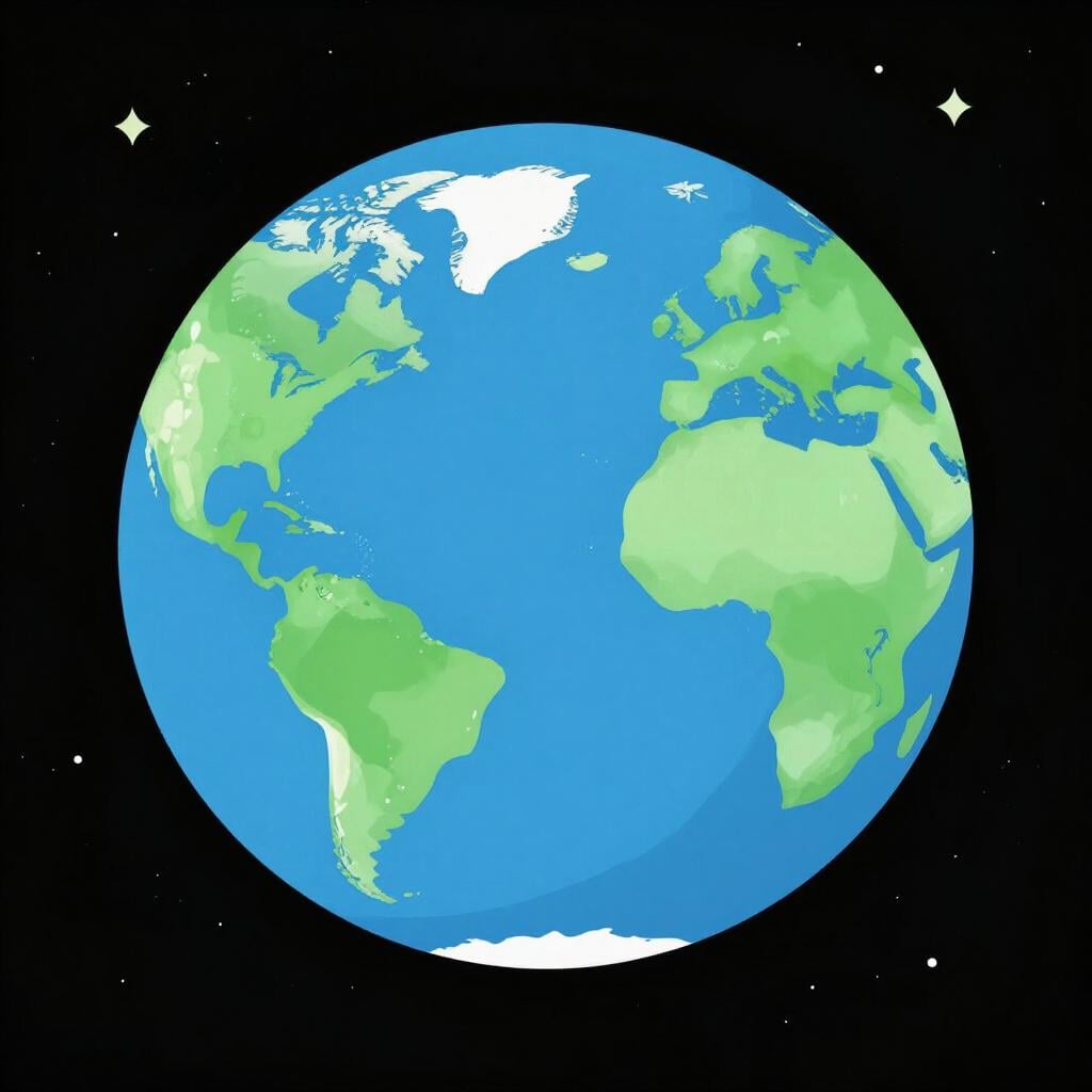 A view of the planet Earth from space showing blue oceans and green continents.