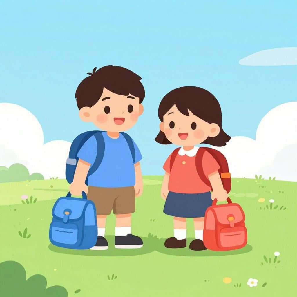 男の子と女の子が並んで立っており、それぞれシャツの色に合ったリュックサックを持っています。