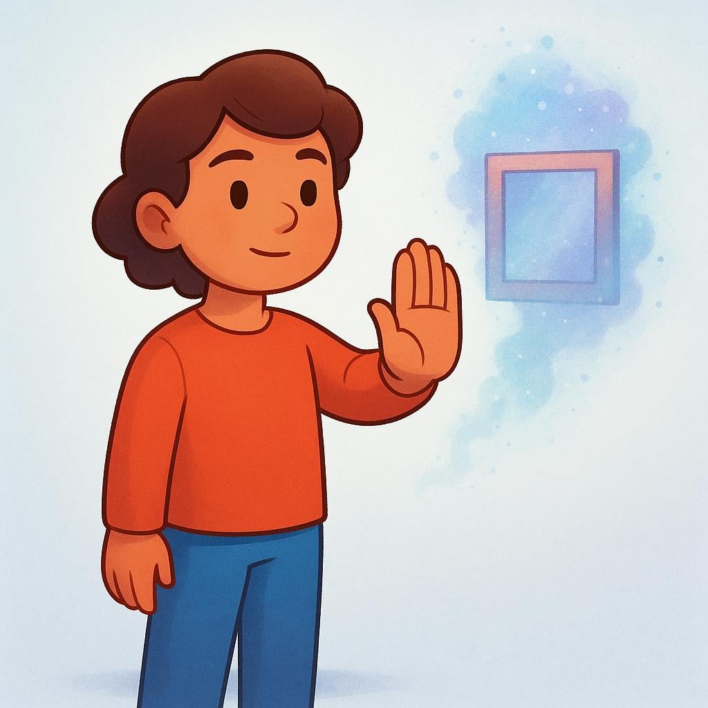 A friendly character making a clear 'stop' gesture with their hand, signaling for a small, wispy, fading image of a past event to disappear.