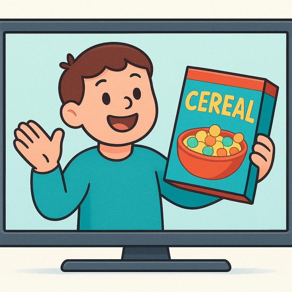 A colorful television screen displaying a brightly colored box of cereal being advertised by a smiling cartoon character.