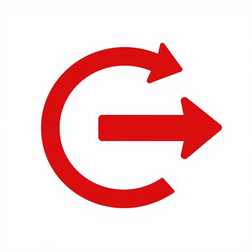 Une flèche rouge épaisse tournant dans le sens des aiguilles d'une montre sur un fond uni, représentant le concept de tourner ou de rotation.