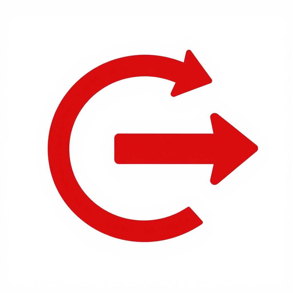 Une flèche rouge épaisse tournant dans le sens des aiguilles d'une montre sur un fond uni, représentant le concept de tourner ou de rotation.