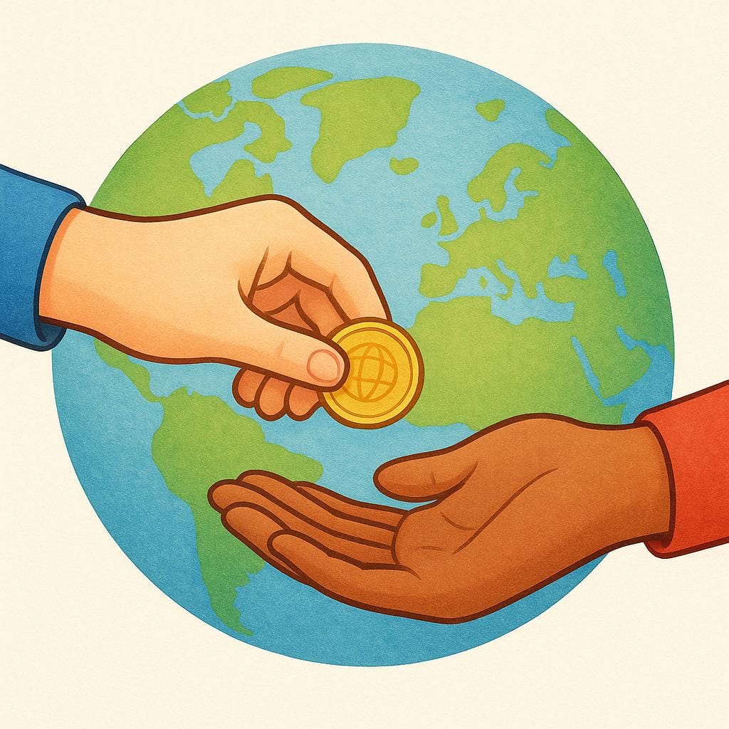 A simple storybook illustration showing two hands exchanging a shiny gold coin over a stylized, brightly colored map of the world, symbolizing global commerce.