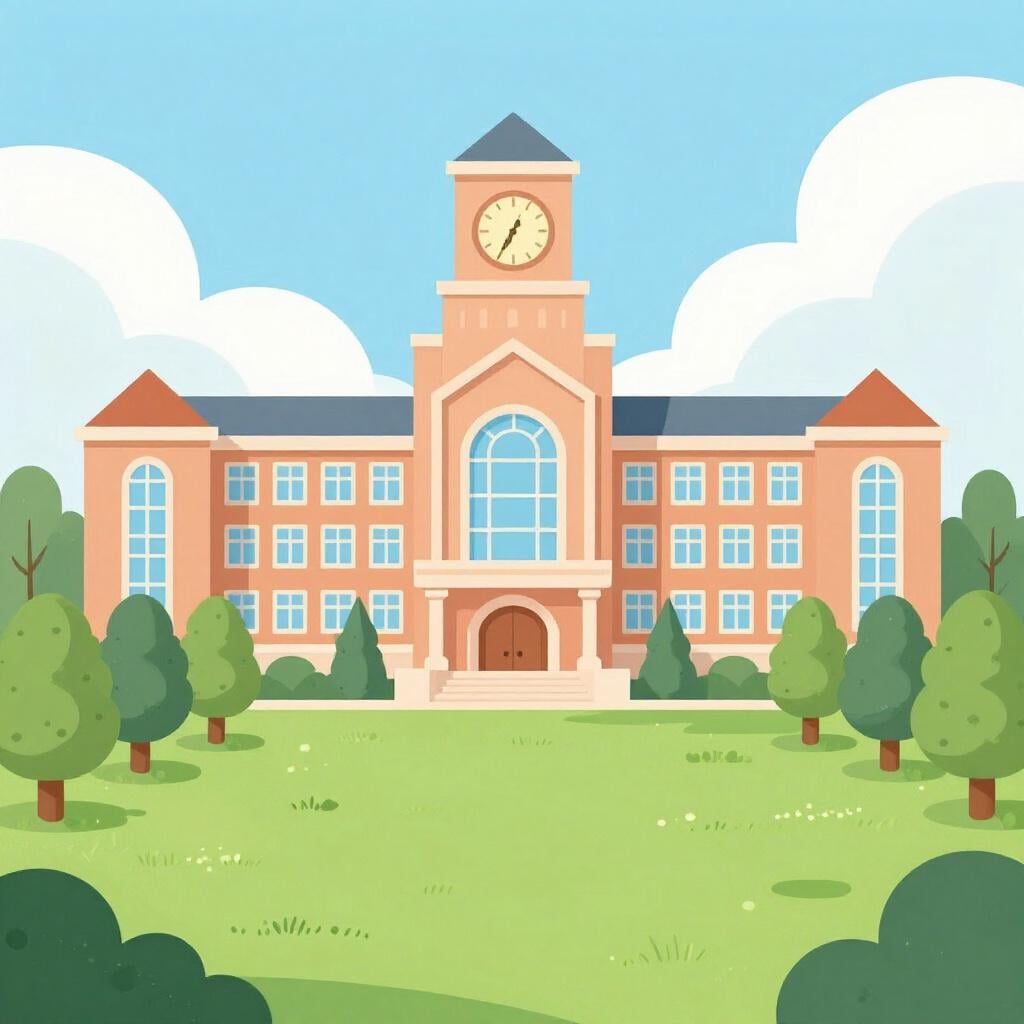 多くの窓と手前に芝生がある、大きなレンガ造りの古典的な大学の建物。