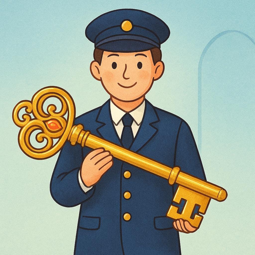 A person in an official uniform holding a large golden key, symbolizing authority.