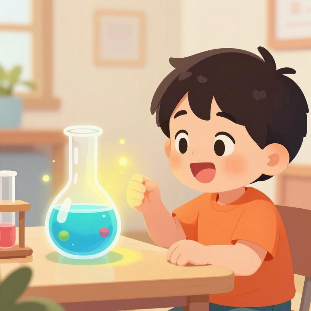 A child looking with wide eyes and a happy expression at a vibrant, glowing science experiment.