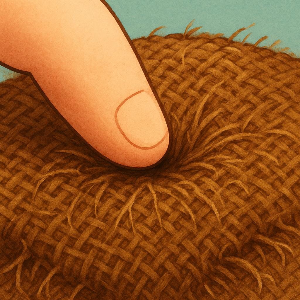 A close-up illustration of a hand feeling the rough, coarse texture of burlap fabric.