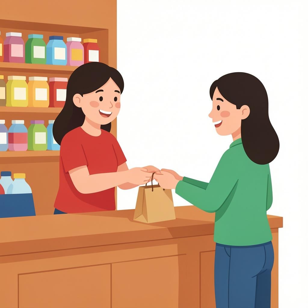 A friendly shopkeeper in a colorful apron handing a paper bag to a customer over a wooden counter.