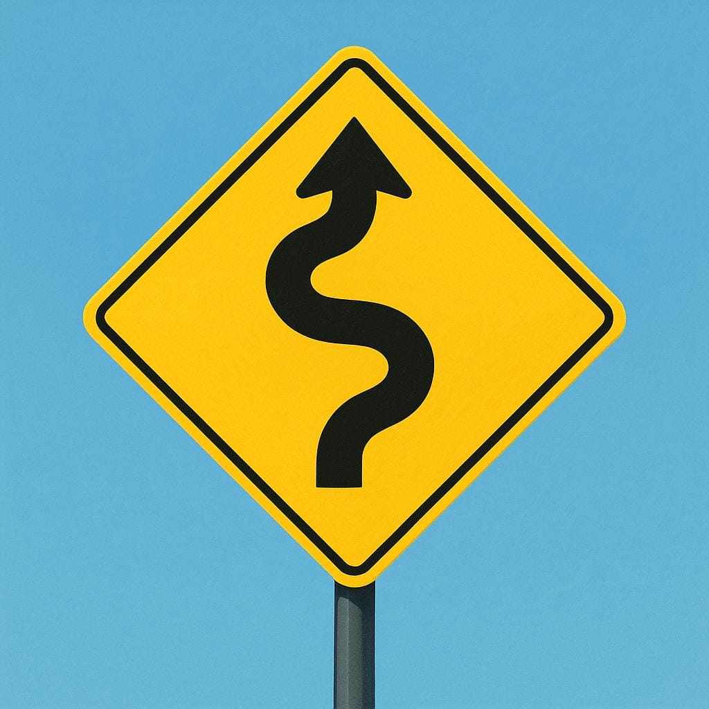 A bright yellow diamond-shaped road sign showing a winding road symbol in black, set against a clear blue sky.
