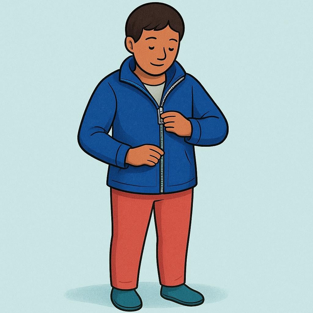 A person standing, actively pulling up the zipper of a blue jacket they are wearing.