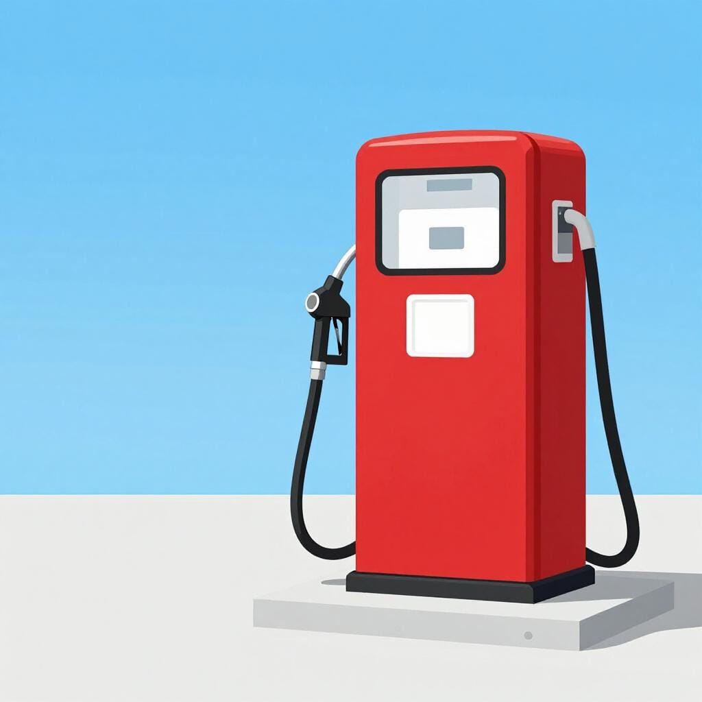 A colorful fuel pump at a service station with a nozzle and a long hose.