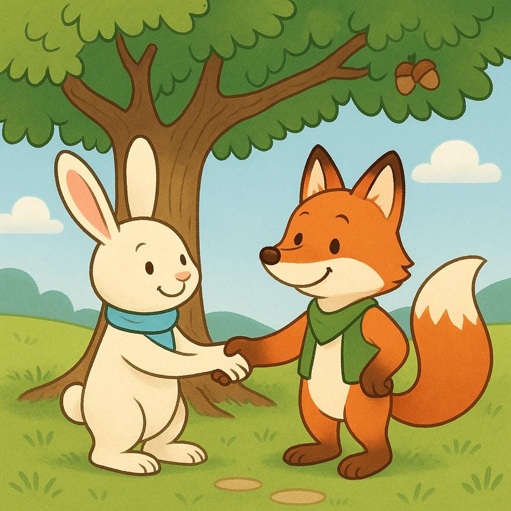 Ein Kaninchen und ein Fuchs geben sich unter einer Eiche die Hand und bestätigen ihre Verabredung.