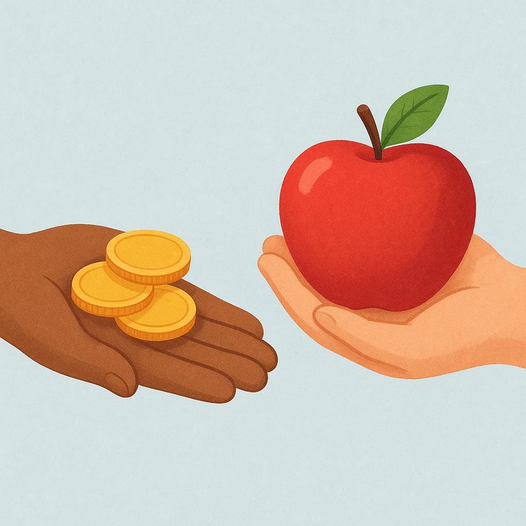 A close-up of a hand placing several shiny gold coins into another person's hand in exchange for a single red apple, representing the cost of an item.