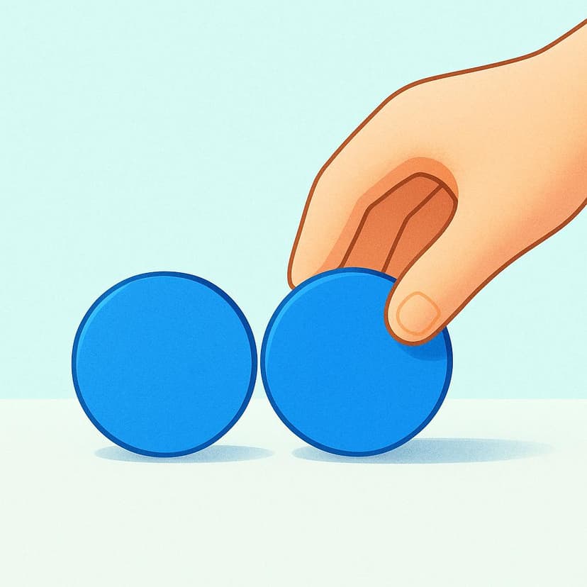 A simplified hand placing a circular blue block exactly next to an identical existing circular blue block, completing a perfect match.