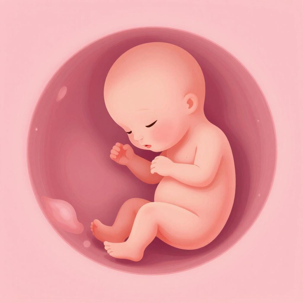 A simple illustration of a tiny fetus curled in a warm, glowing womb.