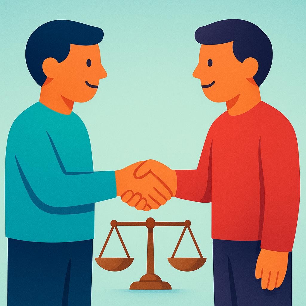 Two distinct figures standing opposite each other, shaking hands over a perfectly balanced scale, symbolizing a fair agreement reached through compromise.