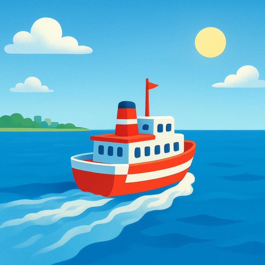 A small passenger ship sailing across the open blue ocean, leaving a distant shoreline behind, symbolizing travel to foreign countries.