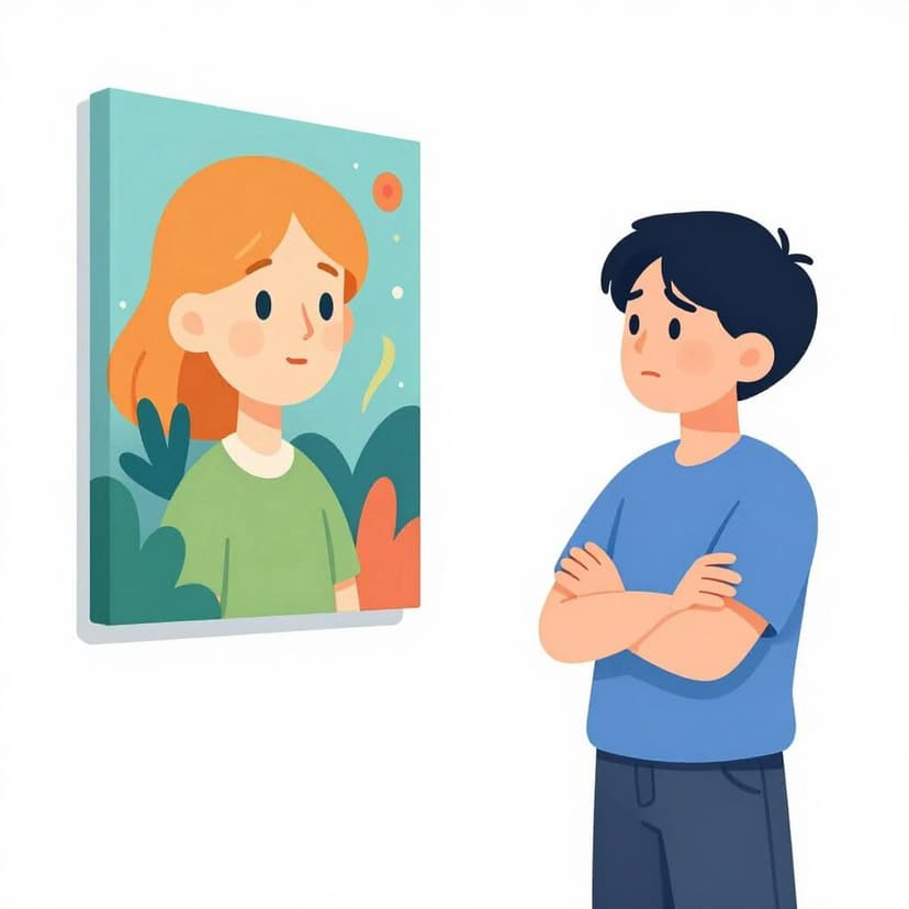 Una persona in piedi con le braccia conserte che guarda scetticamente un grande e colorato dipinto astratto.