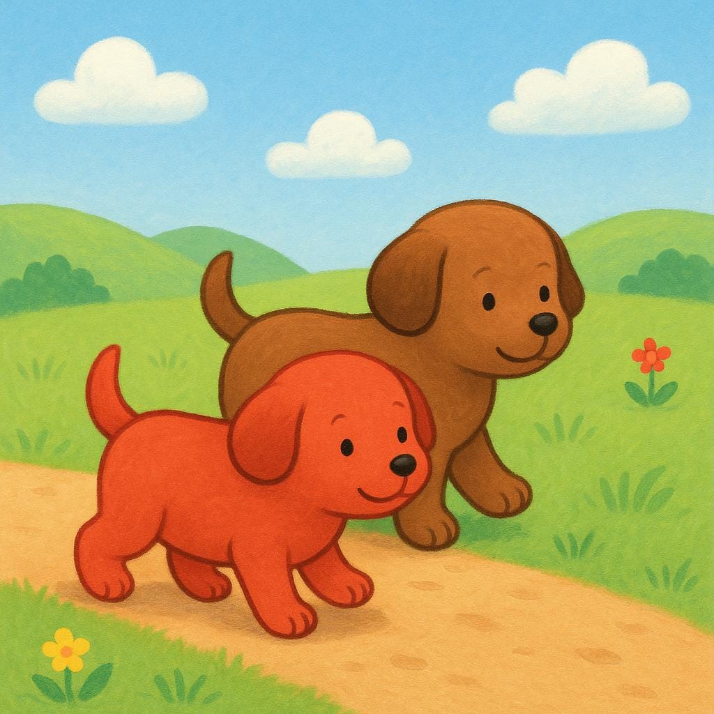 A colorful storybook illustration showing a small red puppy walking on a winding path directly behind a slightly larger brown puppy, illustrating the concept of one animal following another.