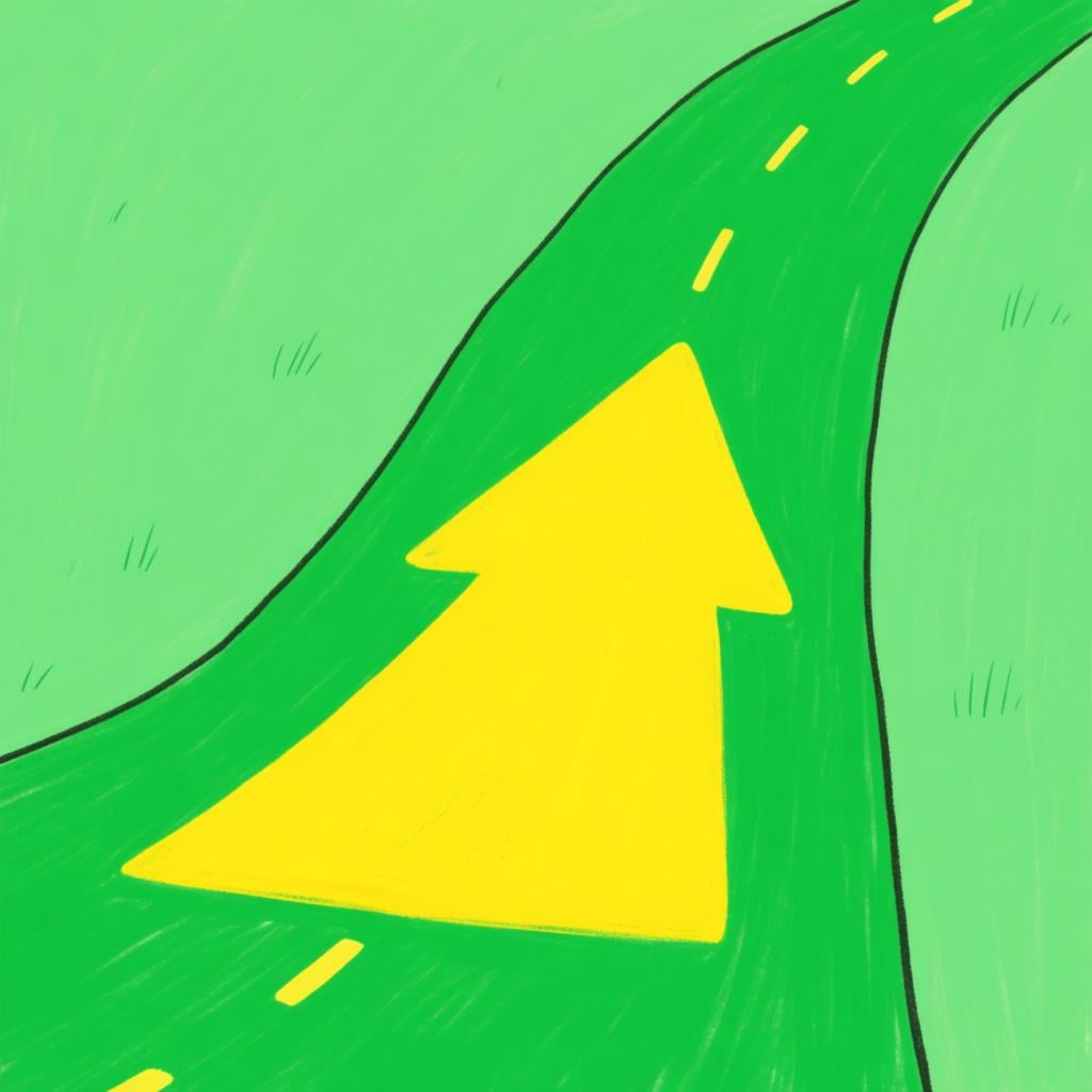 A simple illustration of a straight road with a large, clear painted arrow showing the single direction of travel for a tiny vehicle.