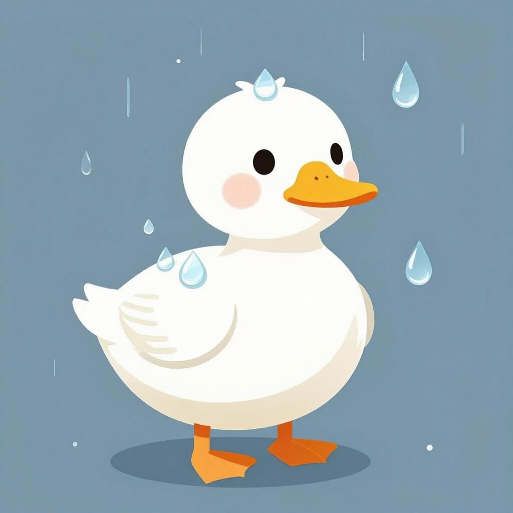 Un canard heureux avec des gouttelettes d'eau roulant sur son dos.