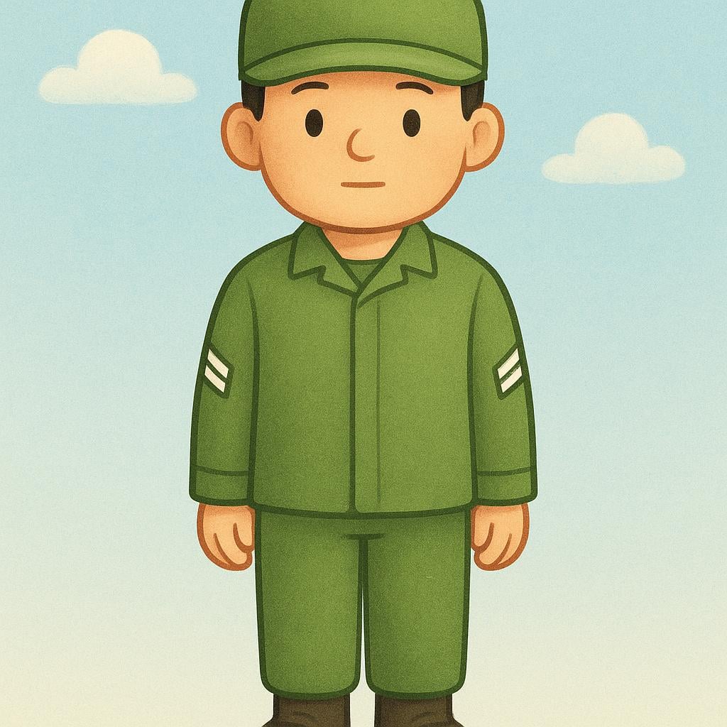 A soldier in a simple military uniform standing at attention, clearly showing two chevron stripes on the sleeve, signifying the rank of corporal.