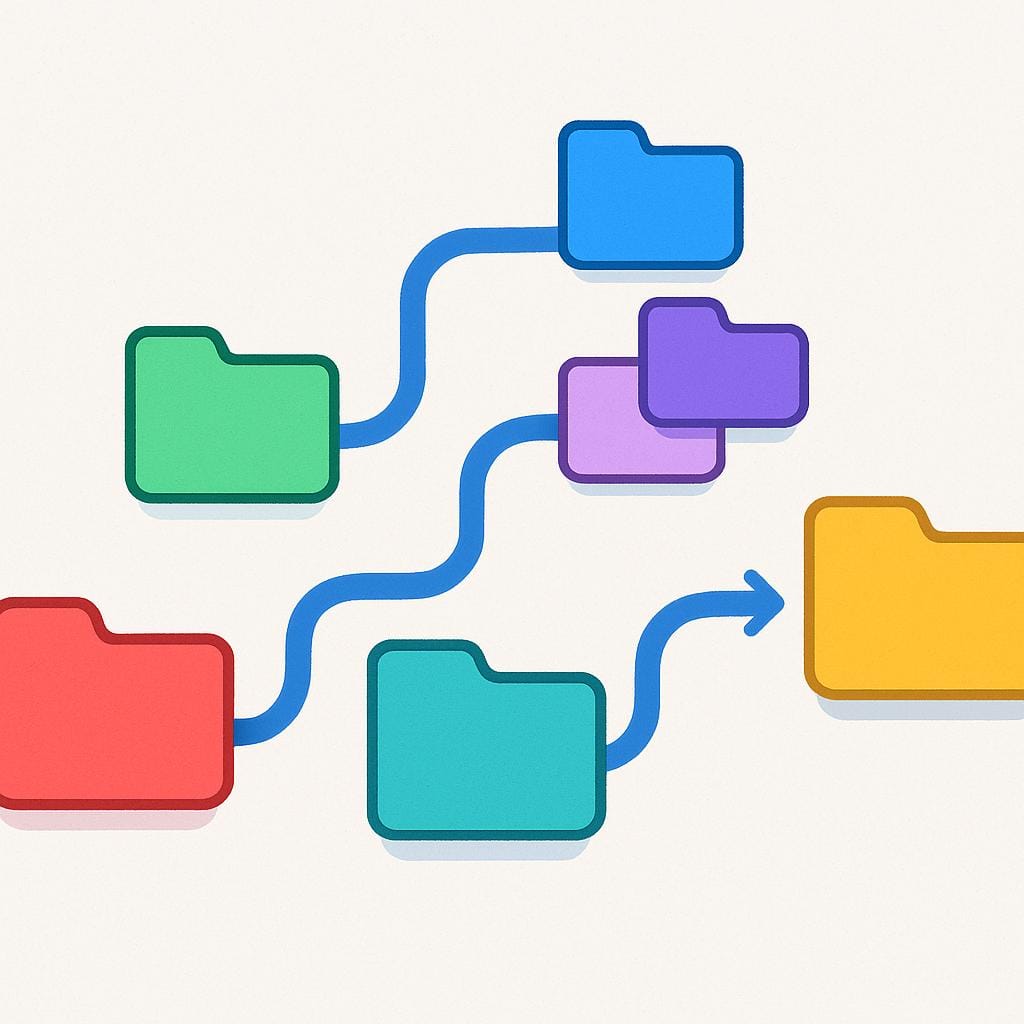 Eine visuelle Darstellung mehrerer leuchtend bunter, stilisierter digitaler Ordnersymbole, die sequenziell durch eine dicke blaue Linie verbunden sind und einen Dateiverzeichnispfad darstellen.