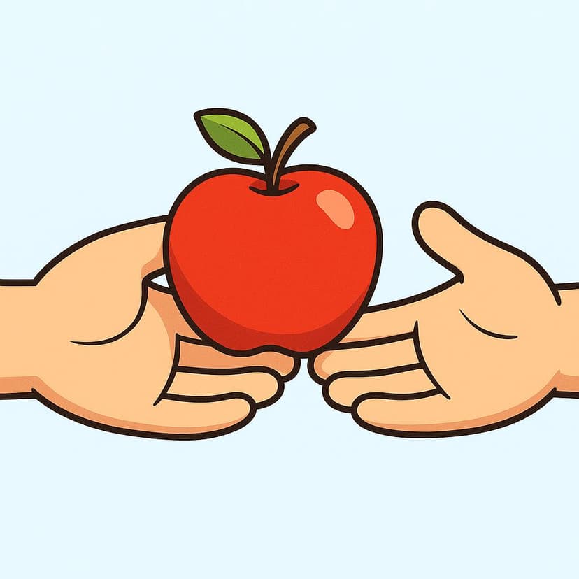 Eine Nahaufnahme von zwei vereinfachten Zeichentrickhänden, die einen leuchtend roten Apfel austauschen, was die Handlung des Übergebens eines Gegenstandes veranschaulicht.