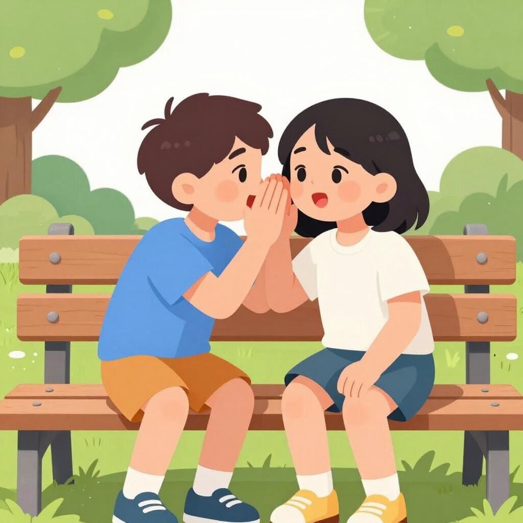 Deux personnes chuchotant l'une à l'autre dans un parc.