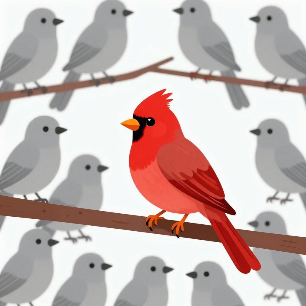 A single bright red bird sitting on a branch among many grey birds.