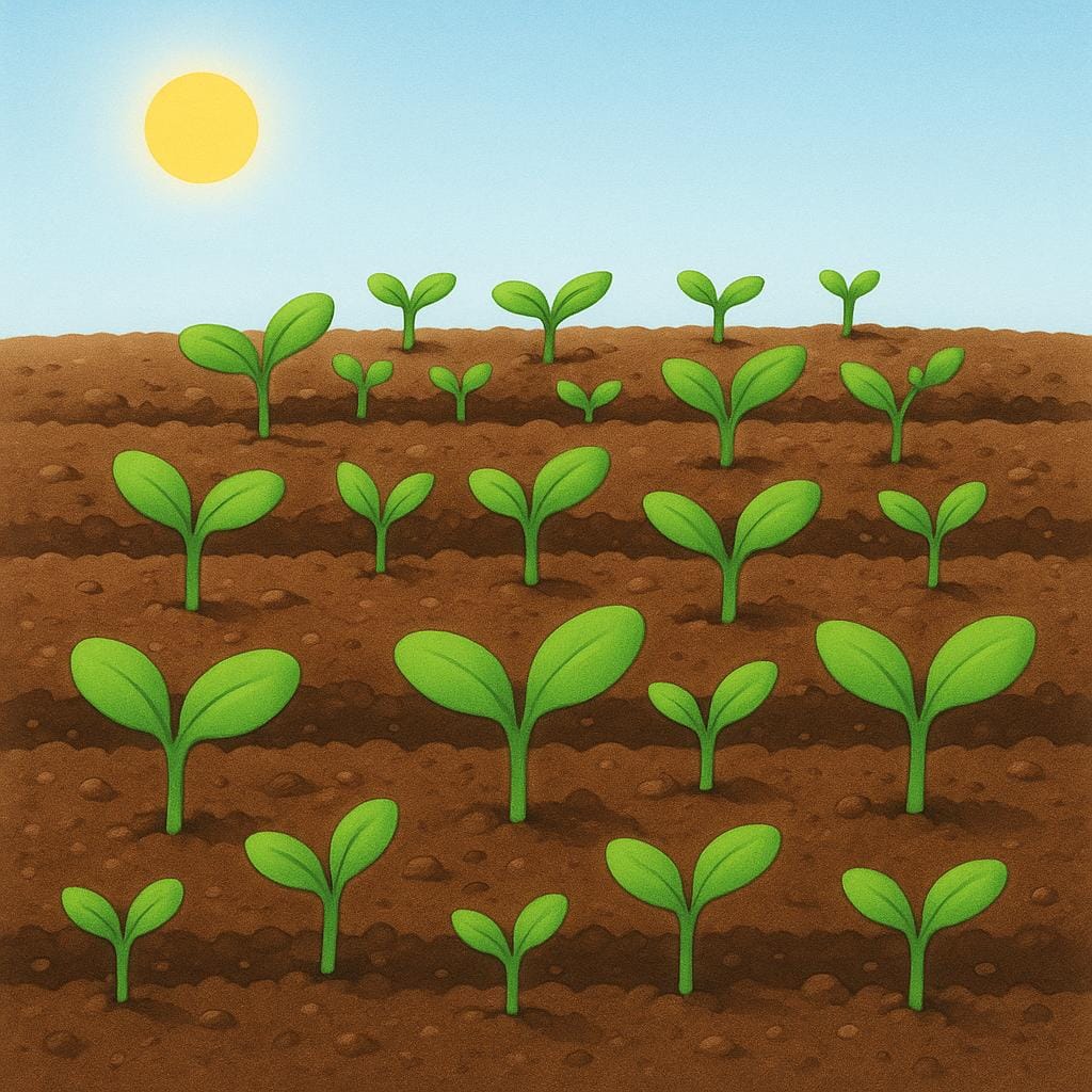 A simple storybook illustration showing a close-up view of fertile dark brown soil with three neat, parallel rows of tiny, vibrant green plant sprouts emerging, illustrating agricultural growth.