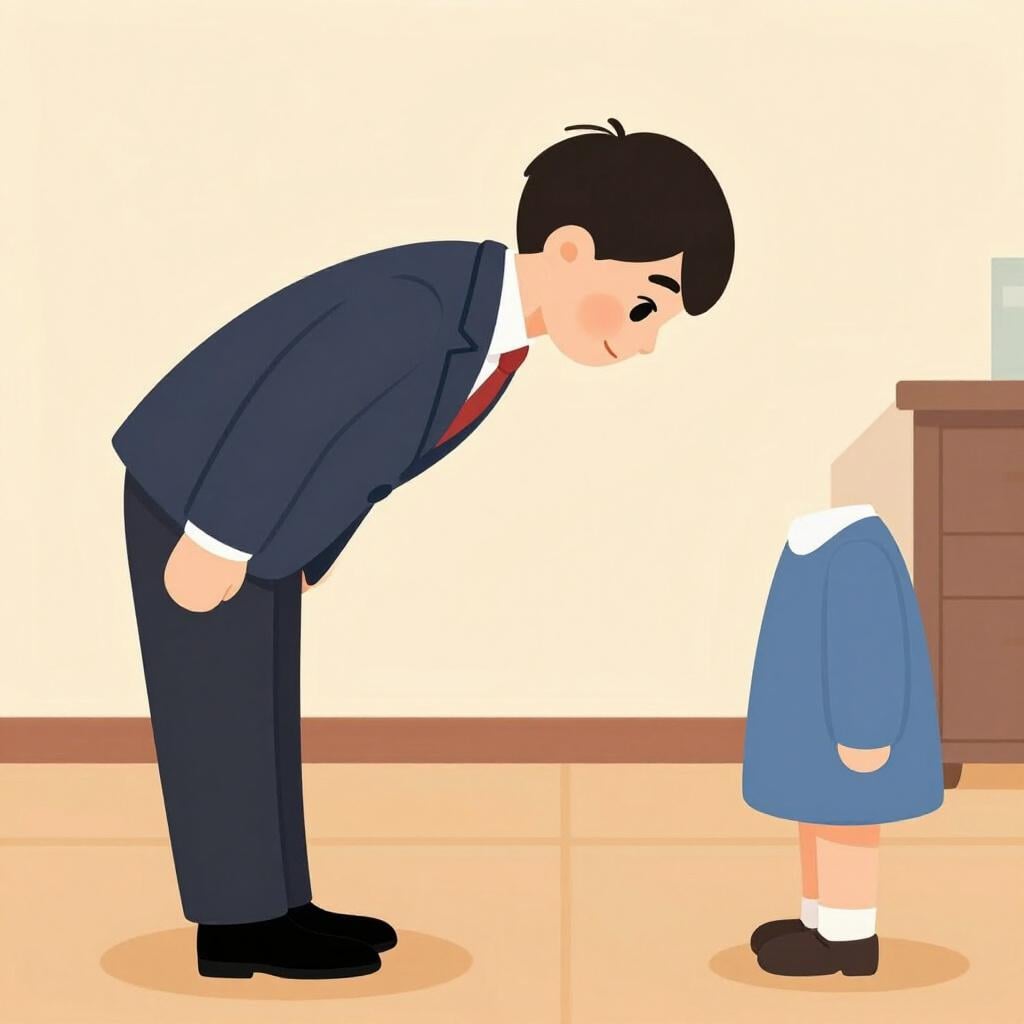 A person in a formal suit bowing respectfully to another person.