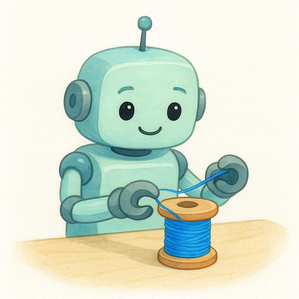 A brightly colored, simple storybook illustration of a small, cheerful mechanical toy robot successfully winding a spool of thread, demonstrating successful operation.