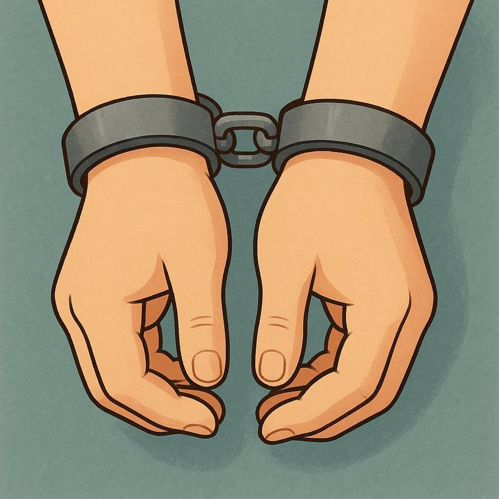 A simple illustration focusing on a person's wrists bound by a heavy metal shackle, symbolizing the state of being enslaved.
