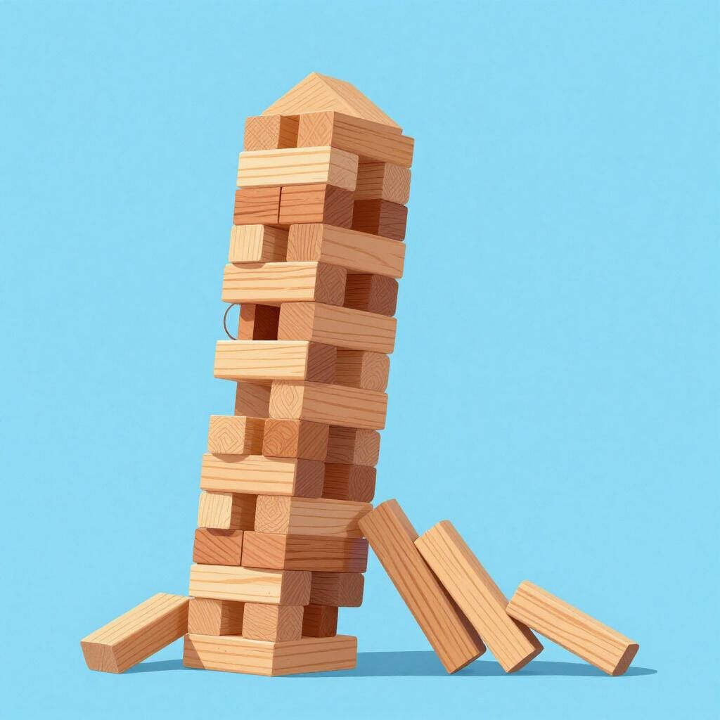 A tall stack of wooden building blocks leaning precariously to one side.