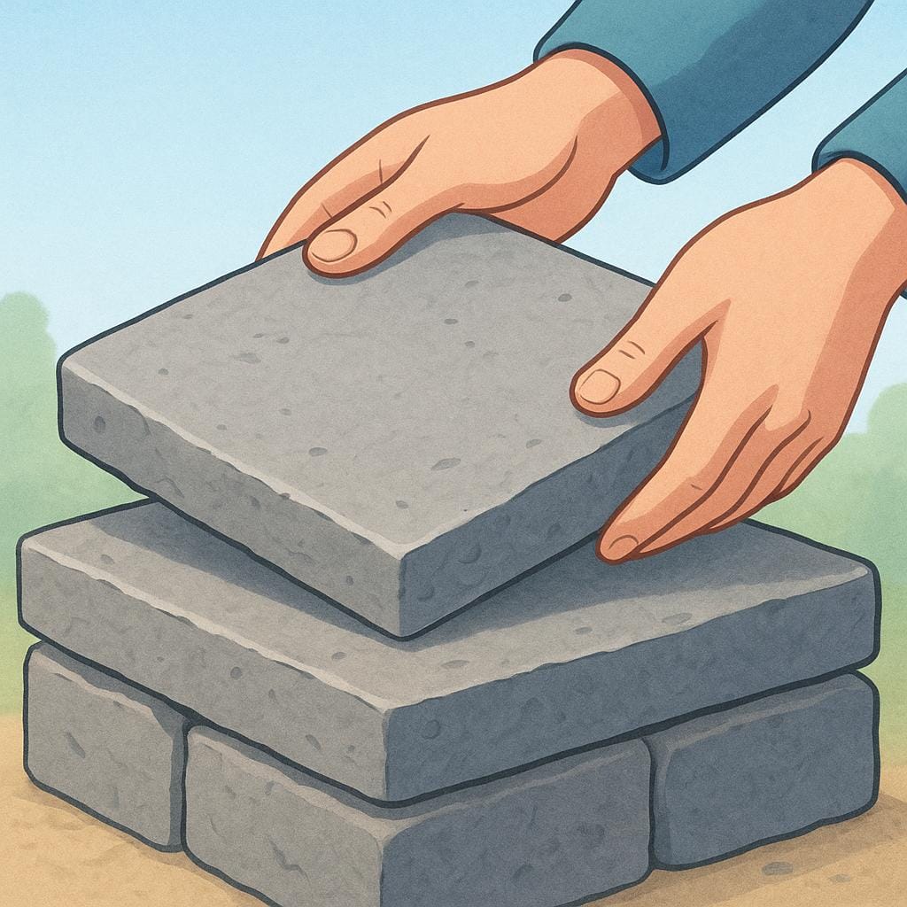A pair of hands carefully placing a large, flat, square stone onto an existing stone platform, symbolizing establishing a base.
