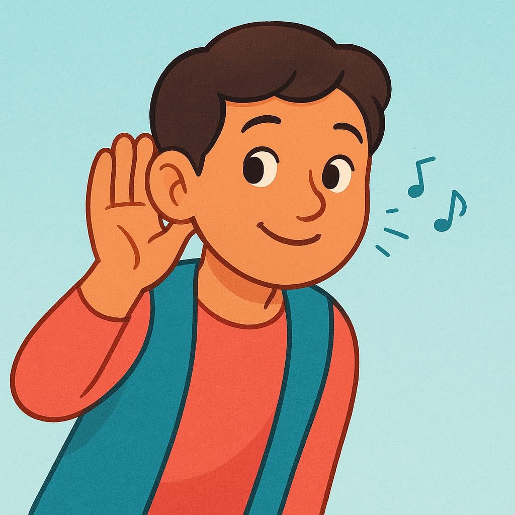 A cartoon illustration of a friendly person cupping their hand around their ear, demonstrating the action of listening closely.