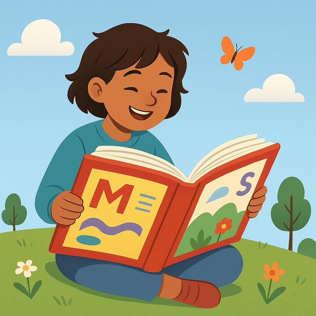 A colorful storybook illustration depicting a cheerful young person sitting on a grassy hill, completely absorbed in reading a large, open book.