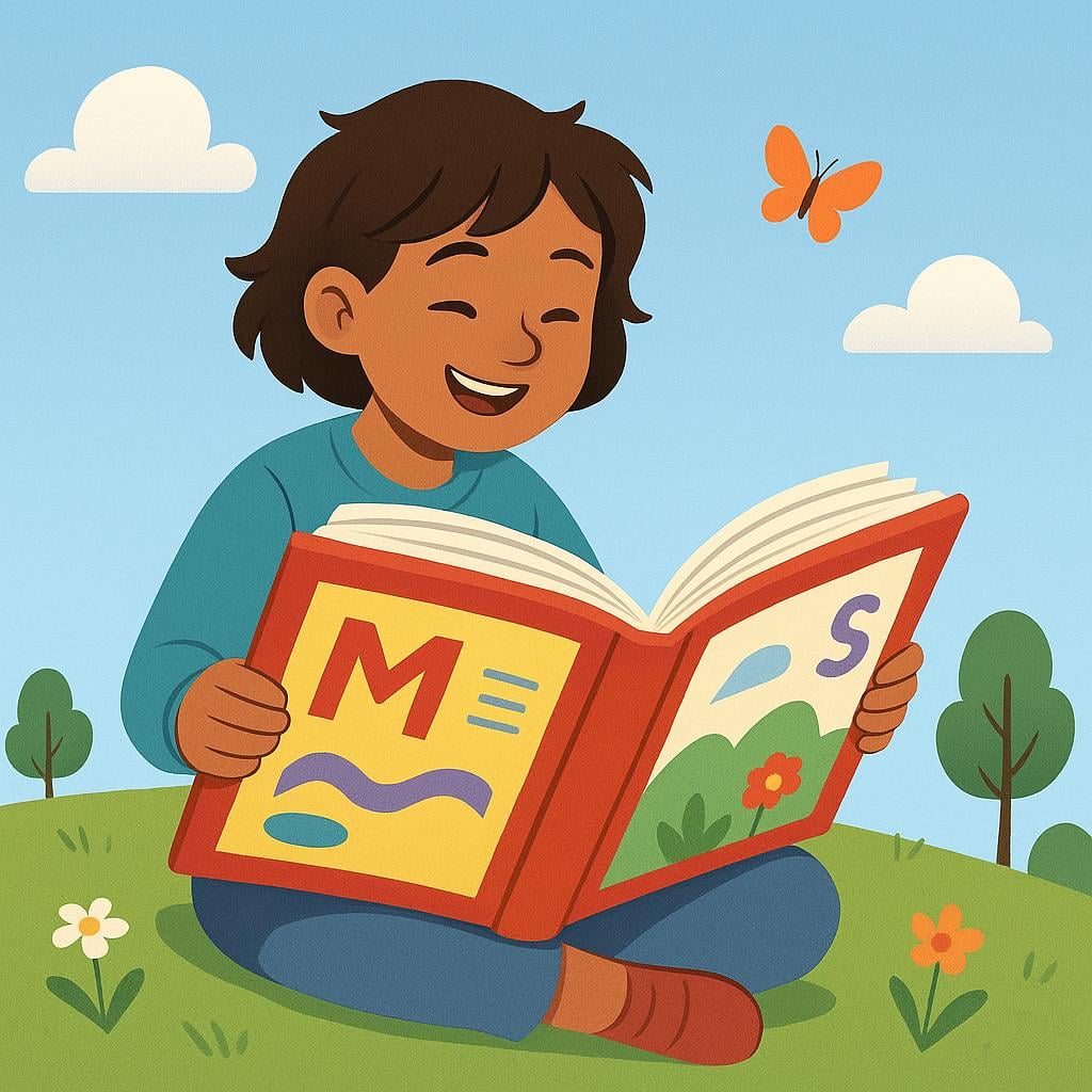 A colorful storybook illustration depicting a cheerful young person sitting on a grassy hill, completely absorbed in reading a large, open book.