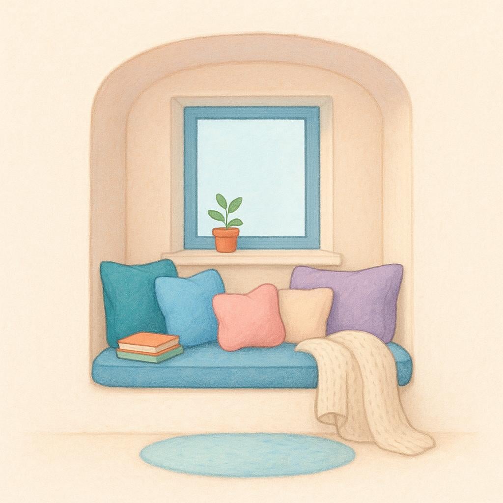 A colorful illustration of a small, cozy window seat filled with soft cushions and a blanket, representing a secluded nook.
