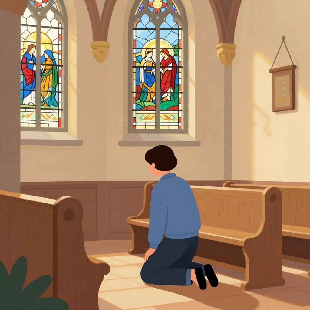 静かで平和な教会のベンチで、祈りながら内省する人物。