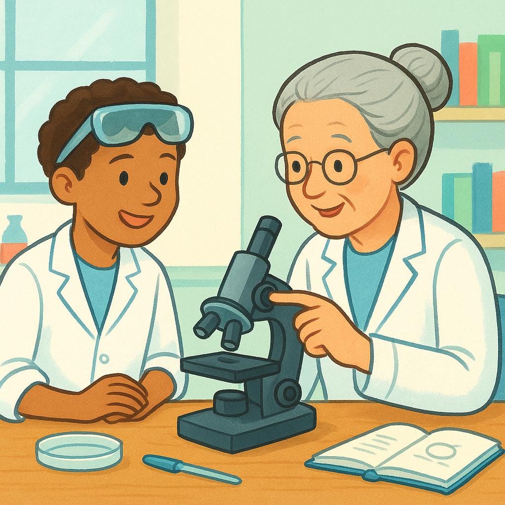 Un'illustrazione di un libro di fiabe che mostra un giovane tirocinante in camice da laboratorio addestrato da uno scienziato esperto usando un microscopio.