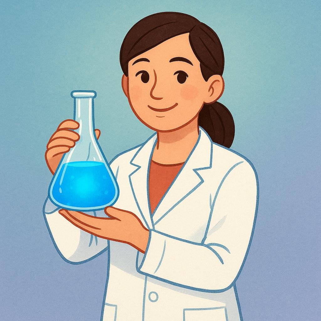 A woman scientist wearing a white lab coat and safety goggles, holding up a glass flask with bright blue liquid inside.