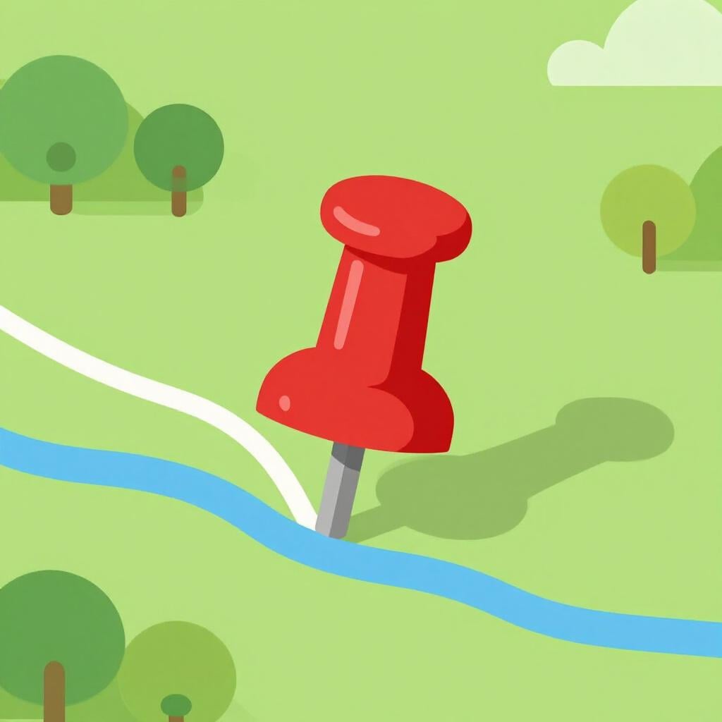 A simple red dot marking a specific location on a colorful topographical map.