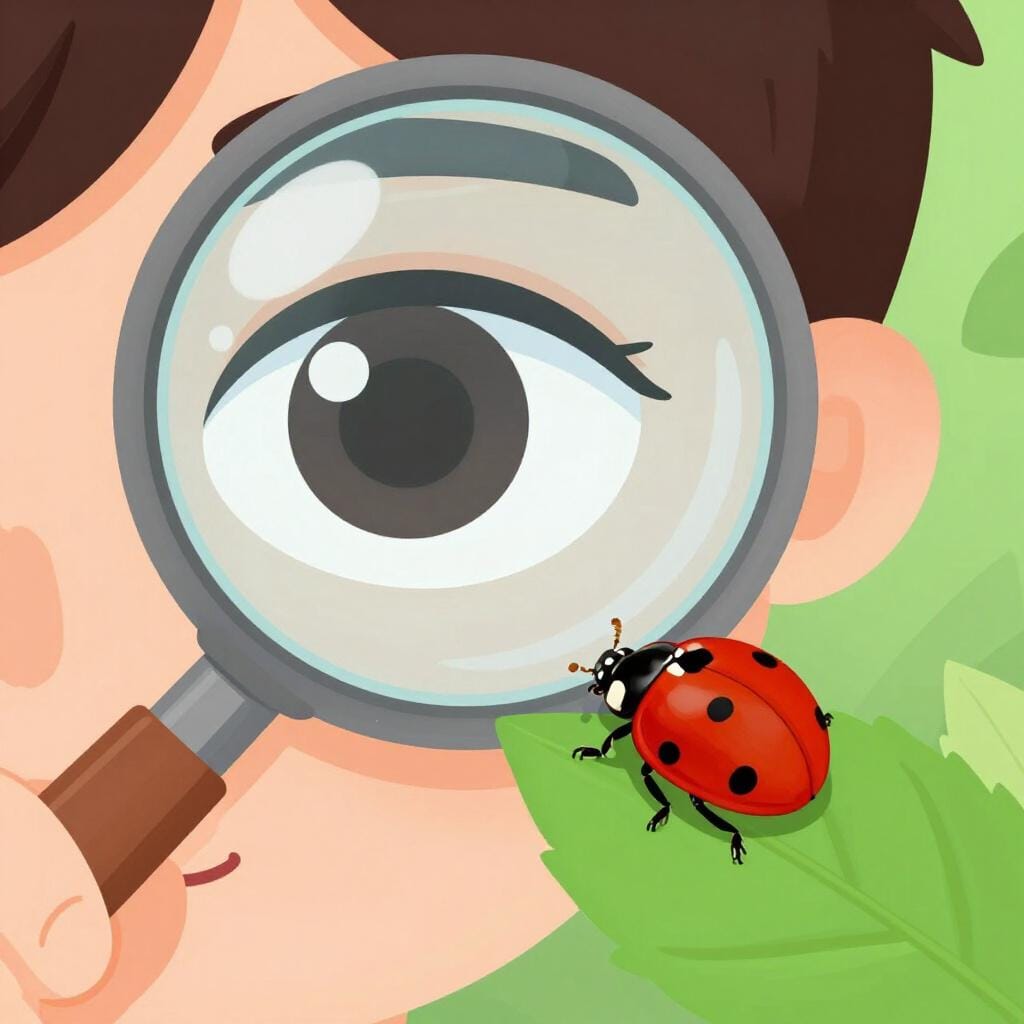A person looking through a magnifying glass at a tiny, colorful ladybug on a leaf.