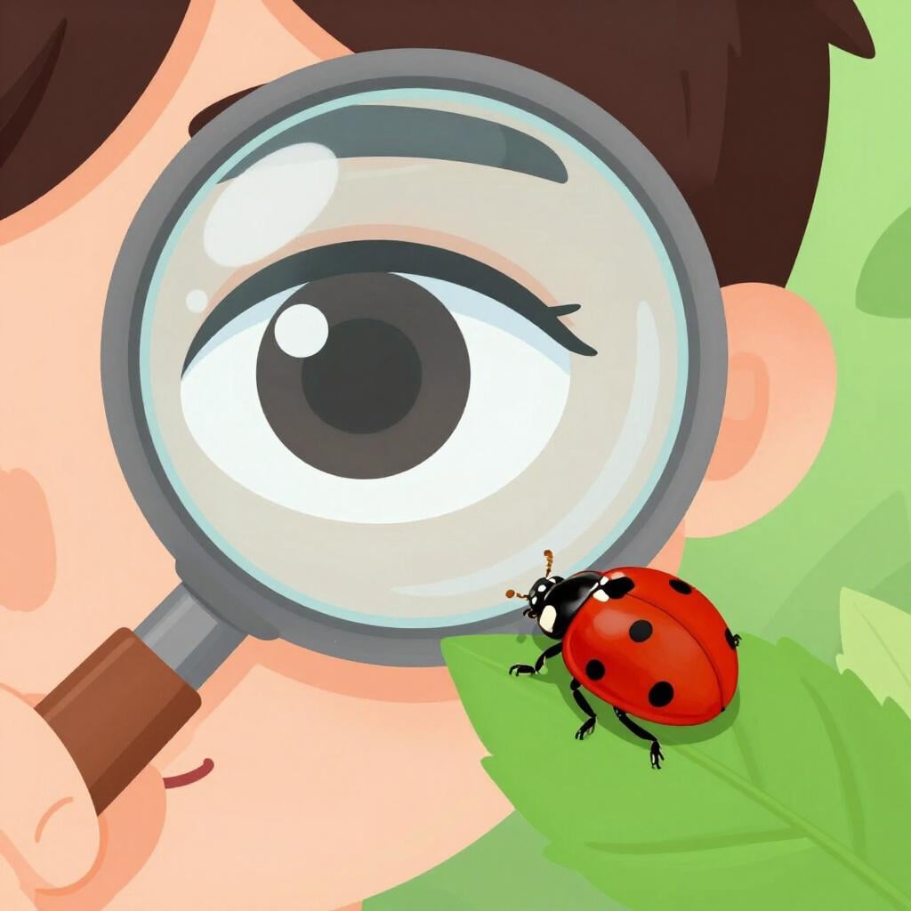 A person looking through a magnifying glass at a tiny, colorful ladybug on a leaf.