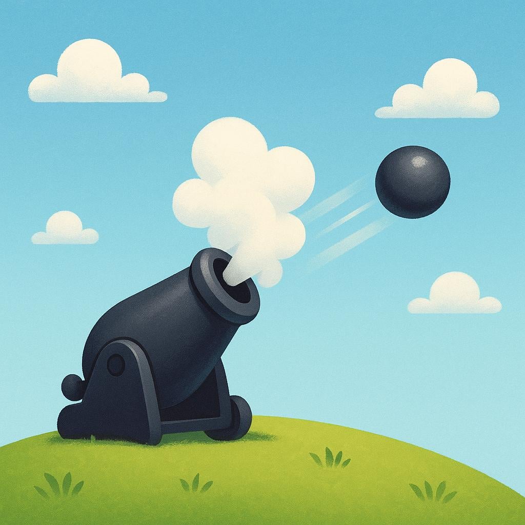 A small, stylized black cannon resting on a grassy hill, shown in the moment of firing a round cannonball, accompanied by a puff of white smoke.